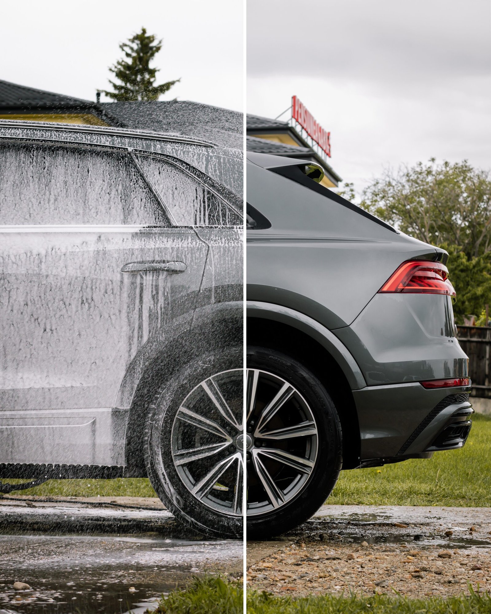 Vertical picture of a modern car before and after washing A vertical picture of a modern car before and after washing